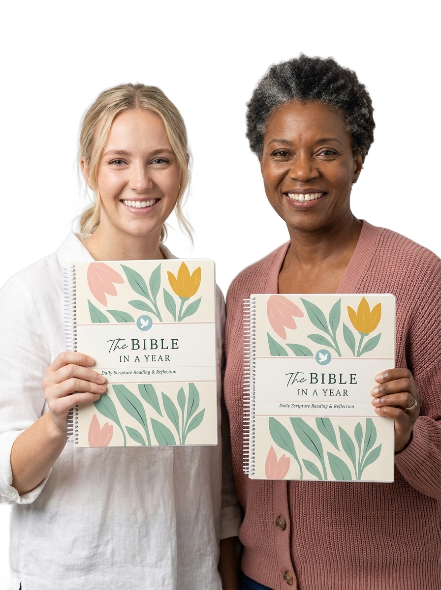 Two Rovena members holding The Bible in a Year study